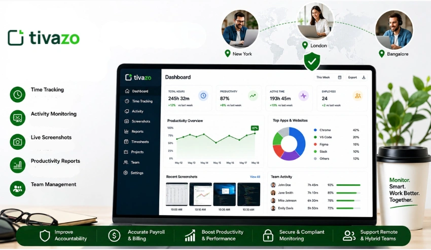 Employee monitoring software showing time tracking and productivity analytics